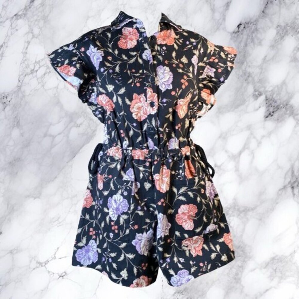 Tularosa Breanna Denim Romper in Black Floral